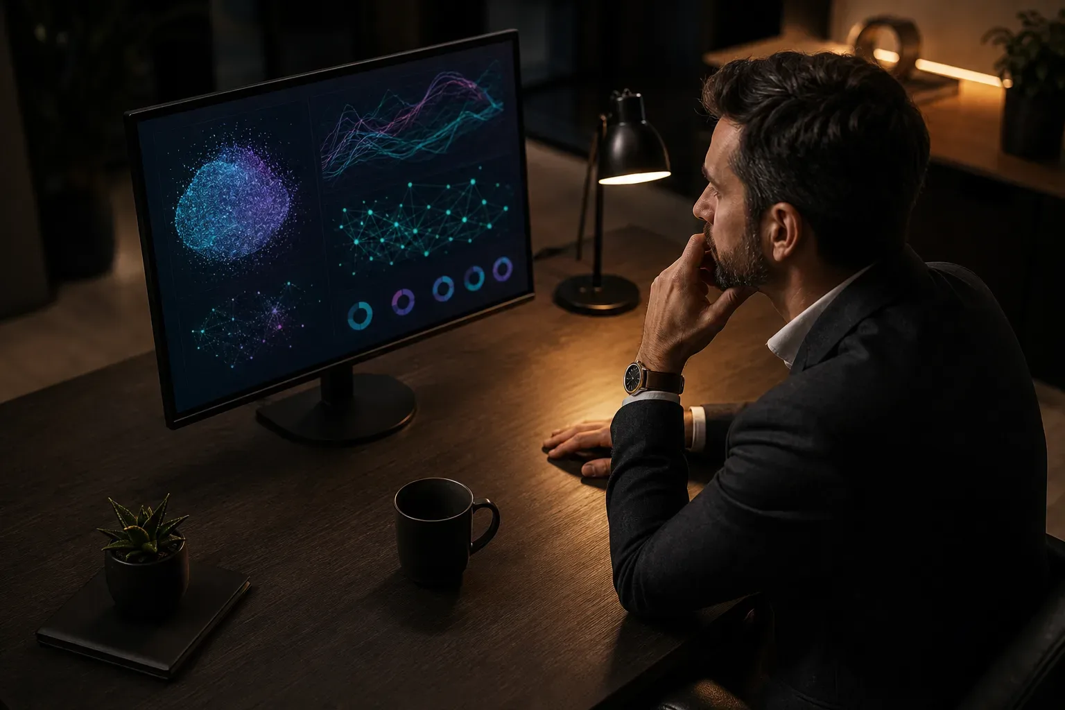 A wide executive desk with a single monitor showing unreadable abstract content