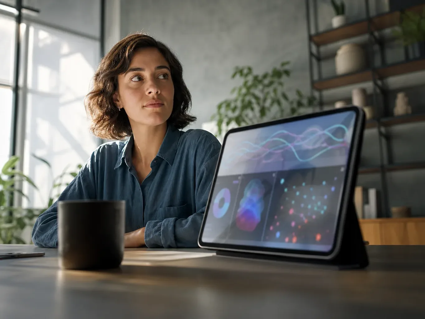A tablet propped upright showing an abstract unreadable data visualisation
