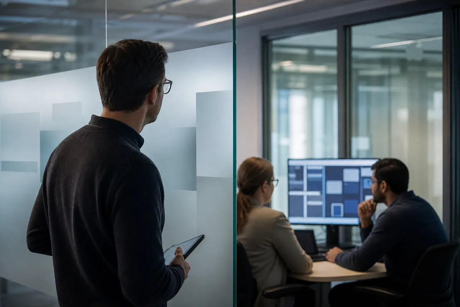 A frosted glass partition beside a data team workspace