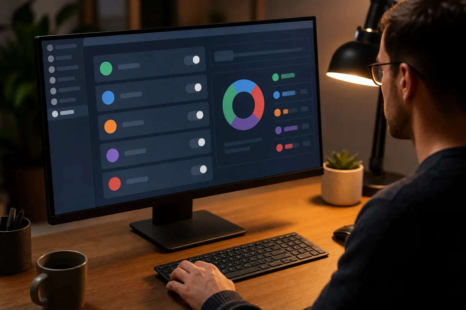 A wide monitor displaying abstract colour-coded consent preference controls with no legible content