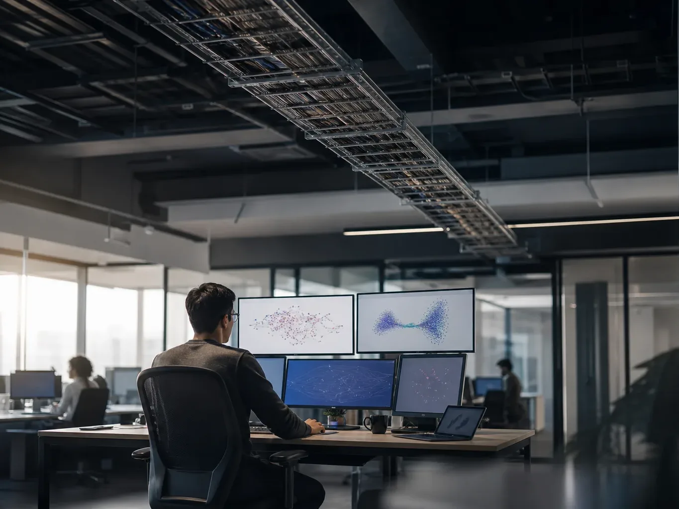 An overhead cable tray running above a corporate office floor