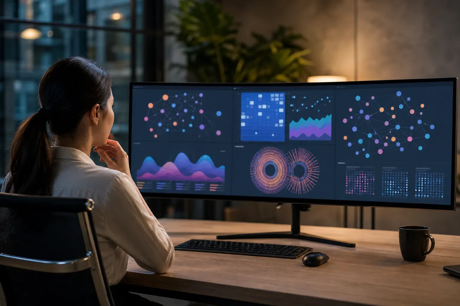 A wide monitor displaying abstract dashboard graphs with unreadable content