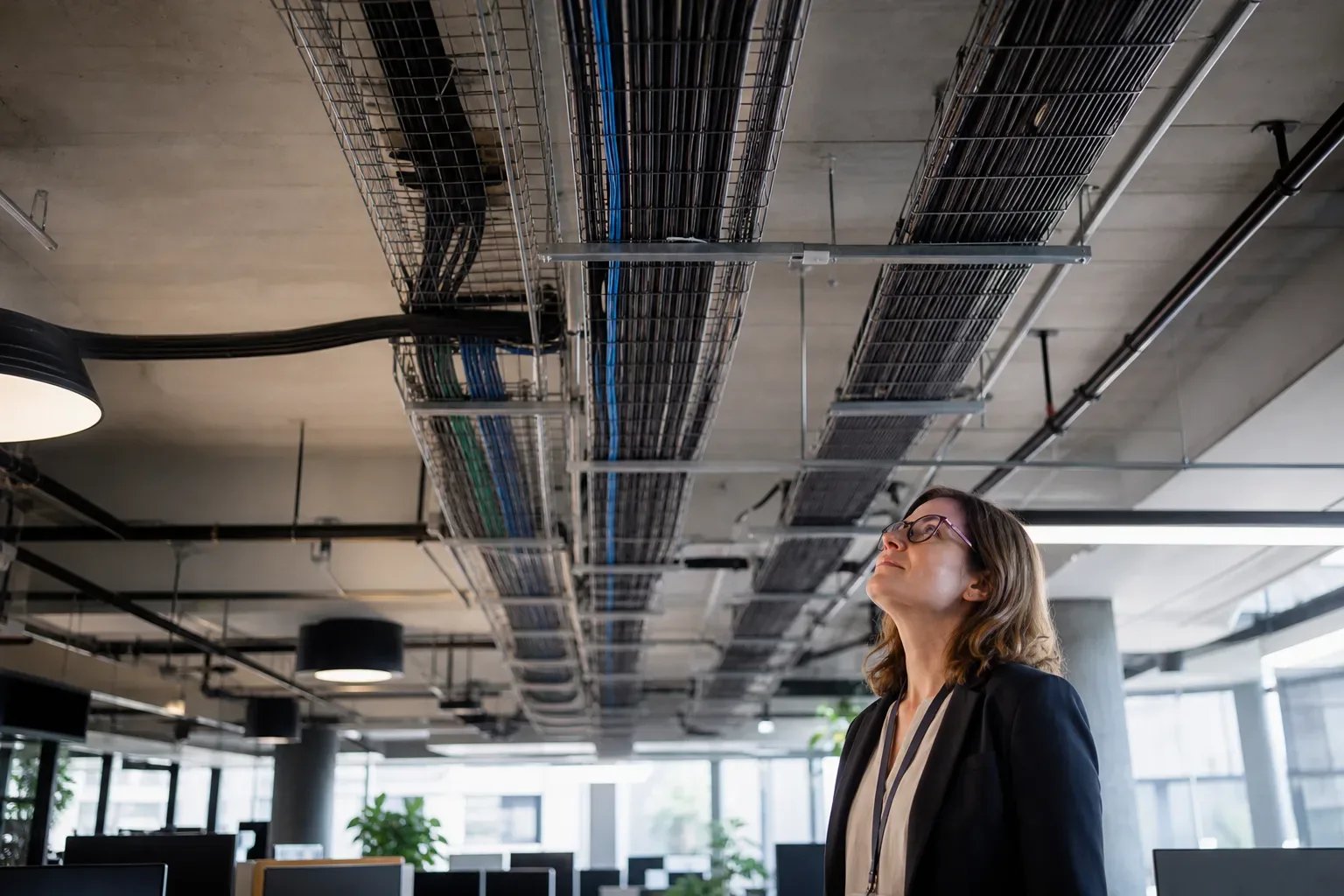 An overhead cable tray running above a corporate office floor