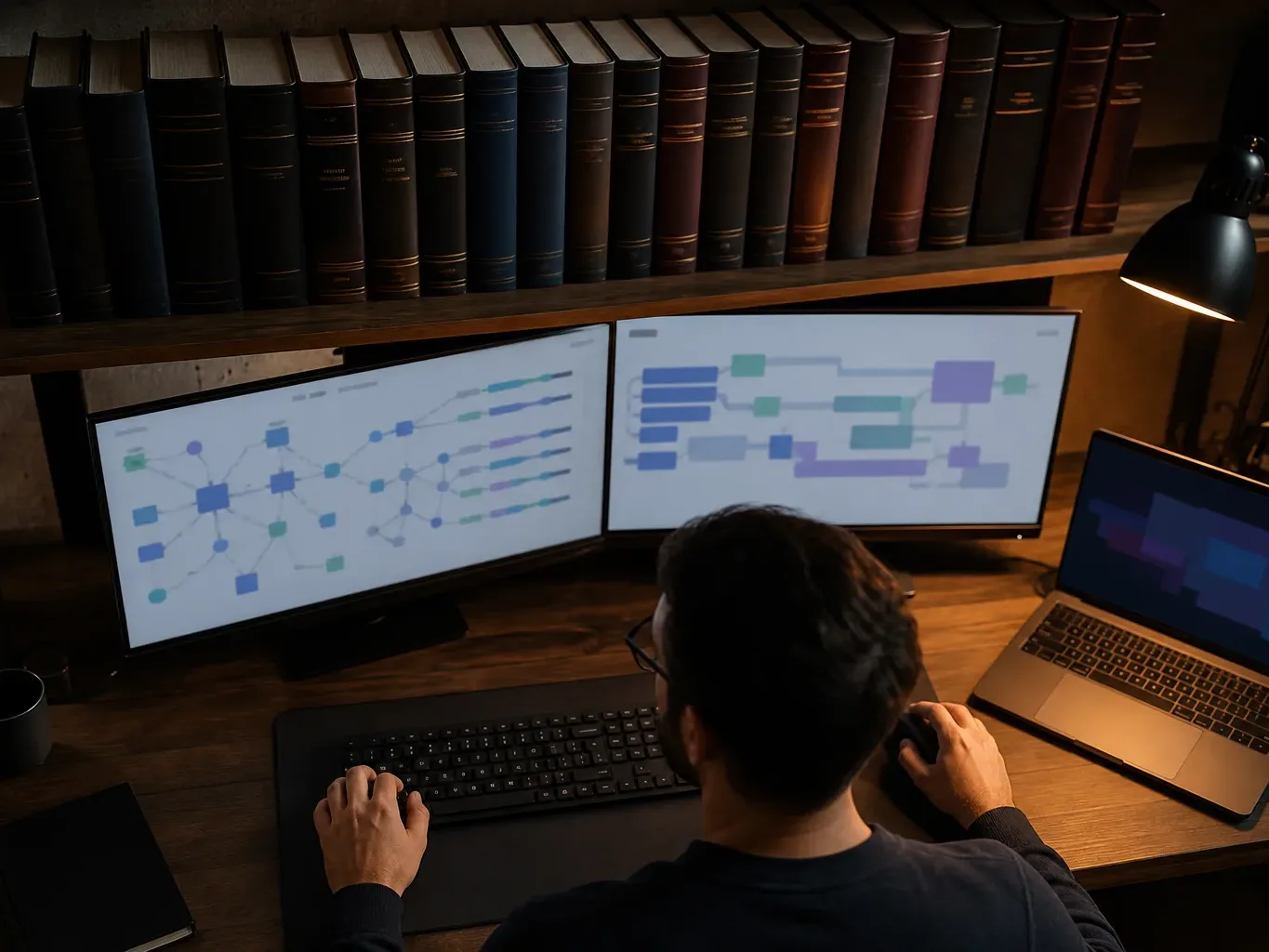 A row of thick reference volumes on a shelf behind a workstation