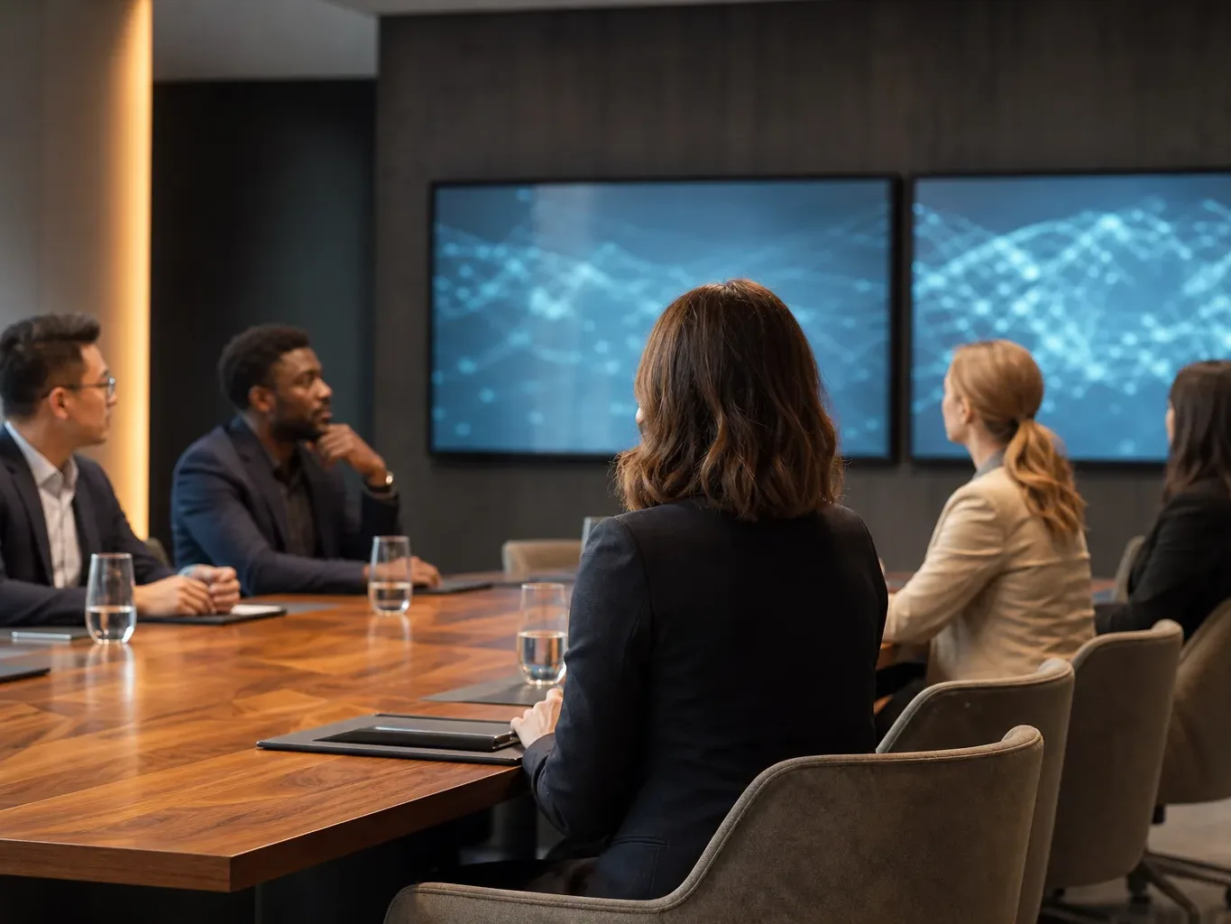 A long conference table set with notepads and water glasses