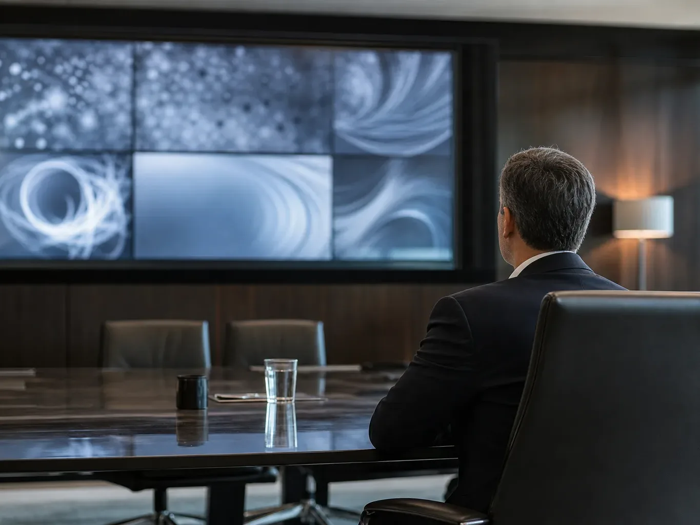 A high-backed boardroom chair at a polished table