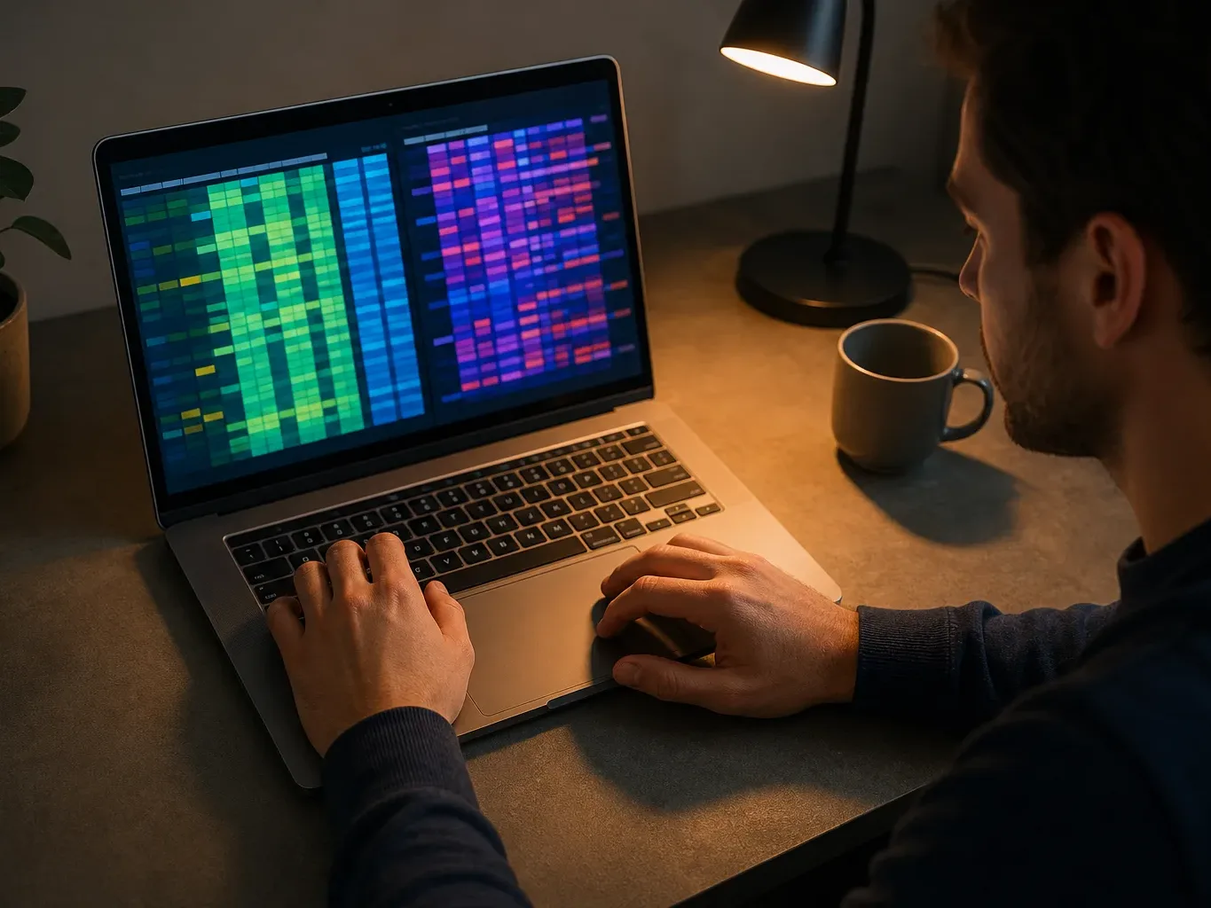 An open laptop angled on a work surface with a screen showing abstract colour-coded blocks