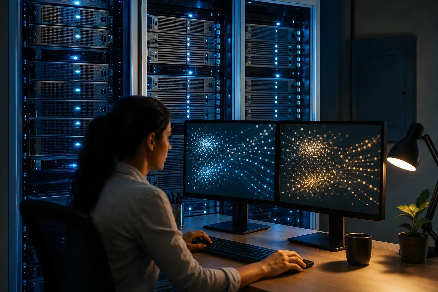 A brushed-metal server rack in a cool-lit equipment room