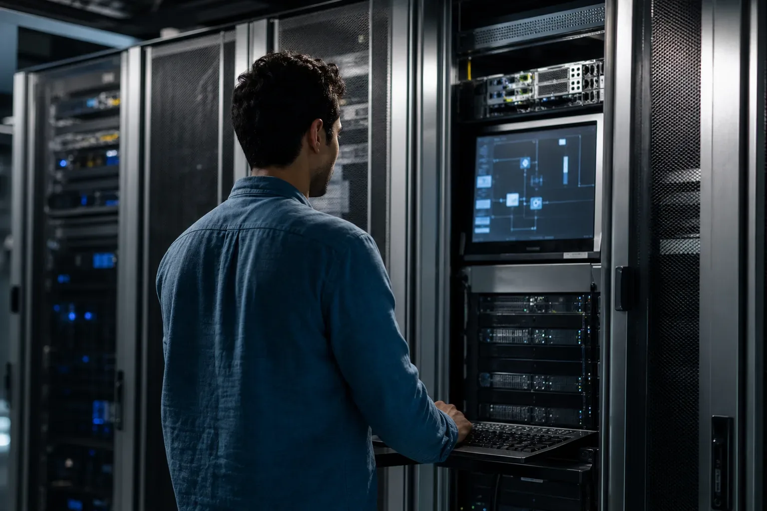 A brushed-metal server rack in a cool-lit equipment room