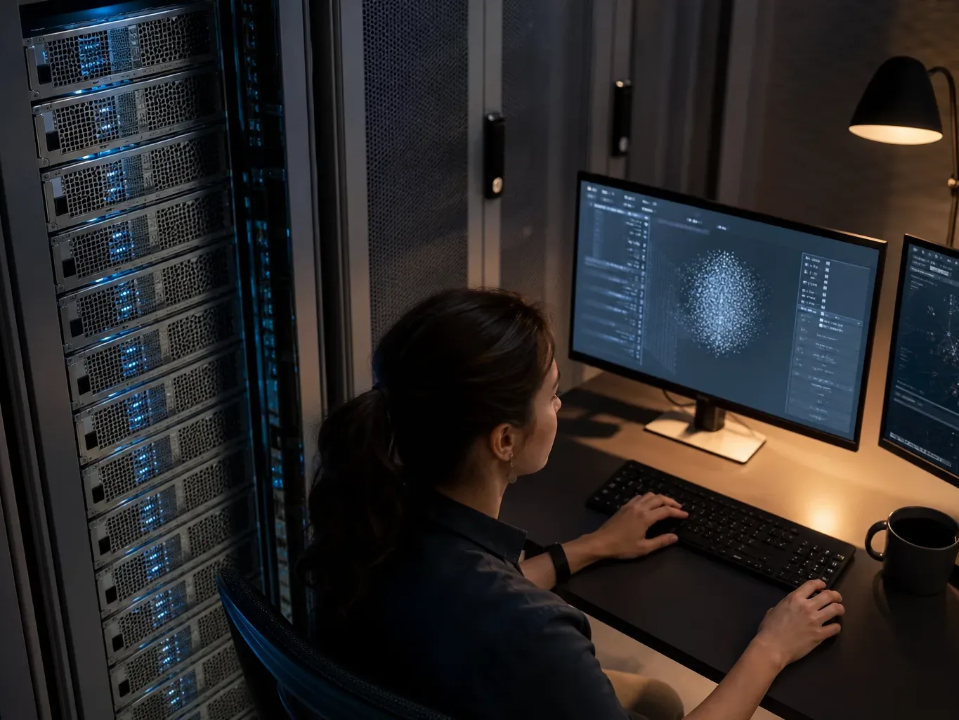 A brushed-metal server rack in a cool-lit equipment room