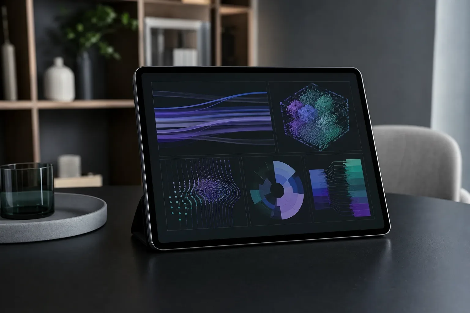 A tablet propped upright showing an abstract unreadable data visualisation