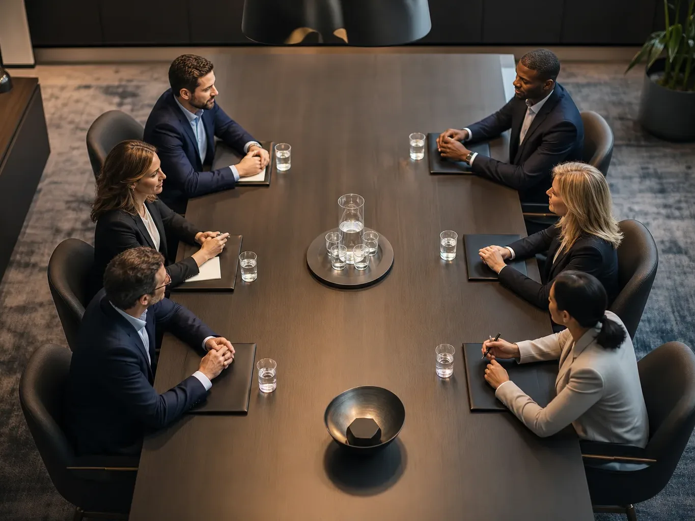 A long conference table set with notepads and water glasses