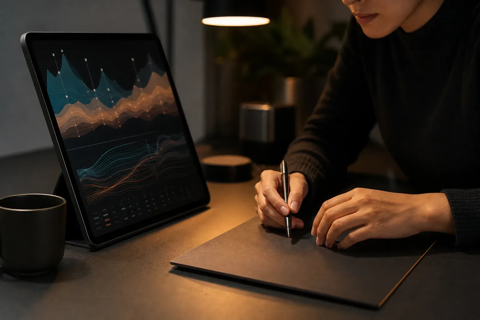 A tablet propped upright showing an abstract unreadable data visualisation