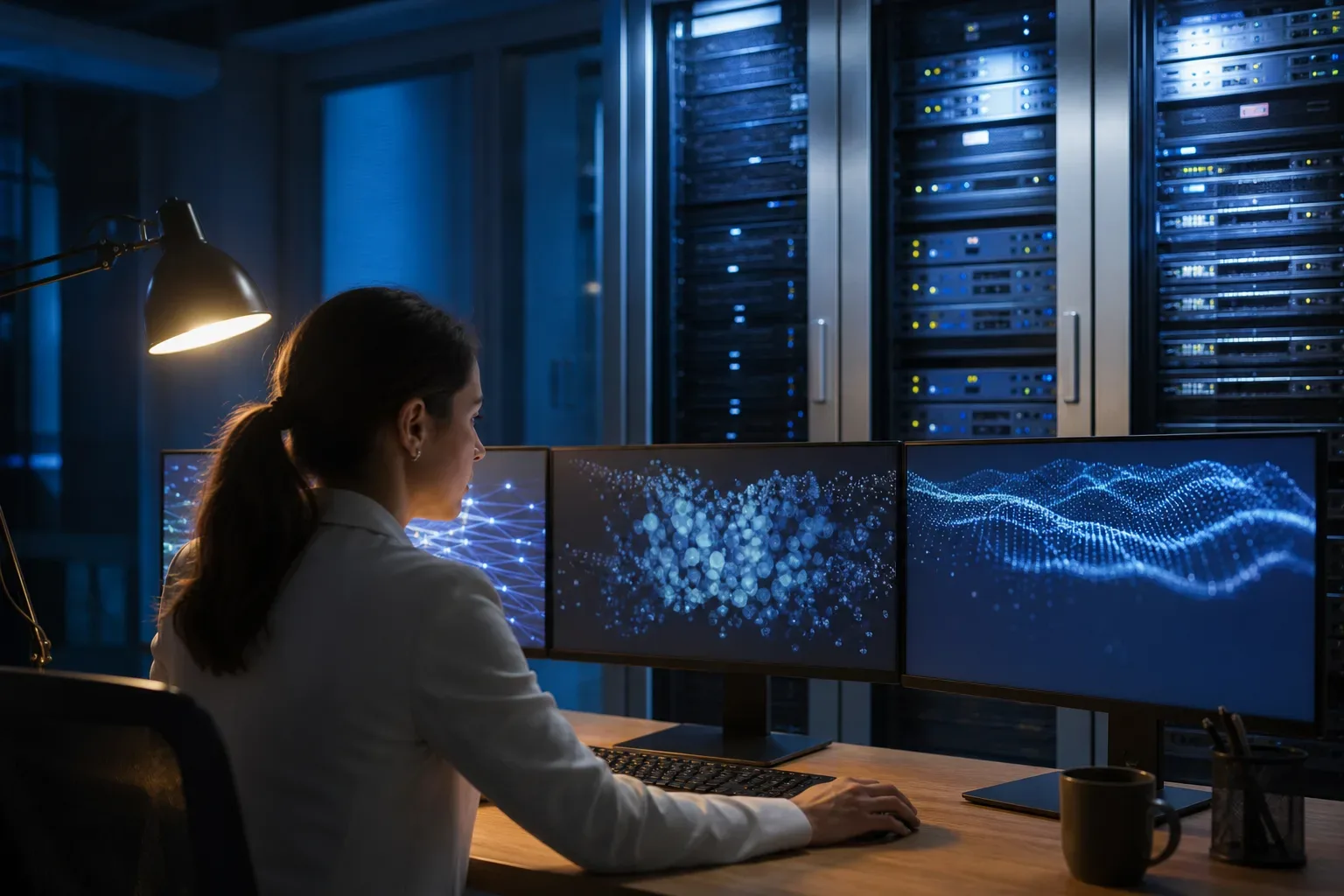 A brushed-metal server rack in a cool-lit equipment room