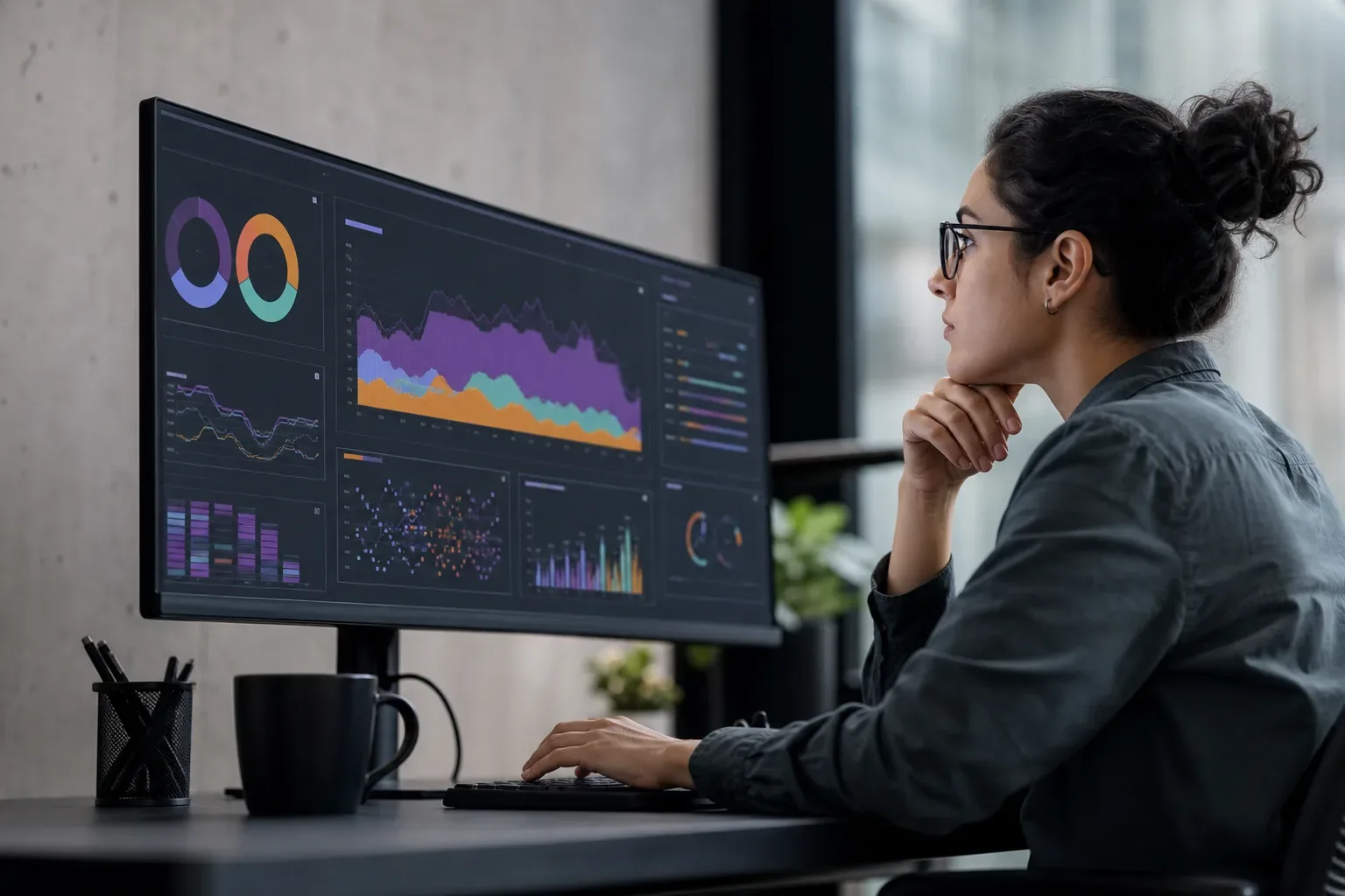 A wide monitor displaying abstract dashboard graphs with unreadable content