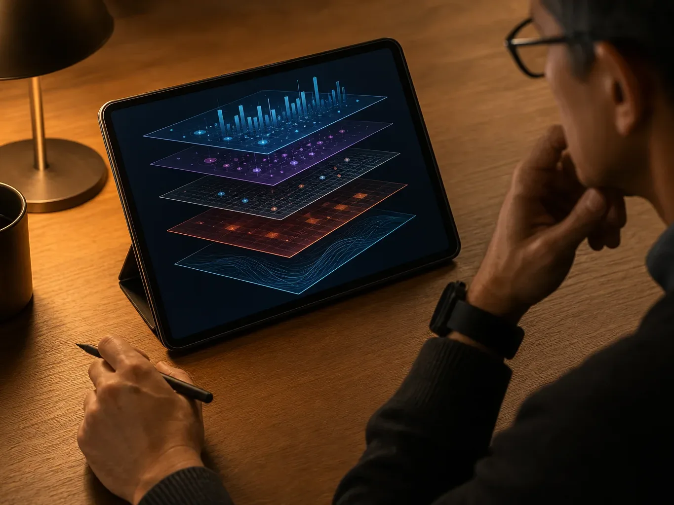 A tablet propped upright showing an abstract unreadable data visualisation