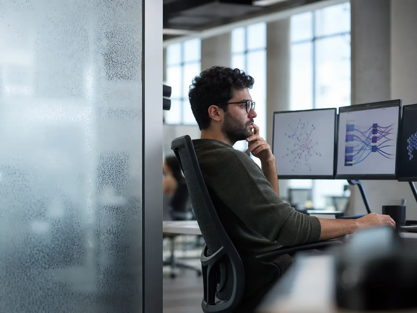 A frosted glass partition beside a data team workspace