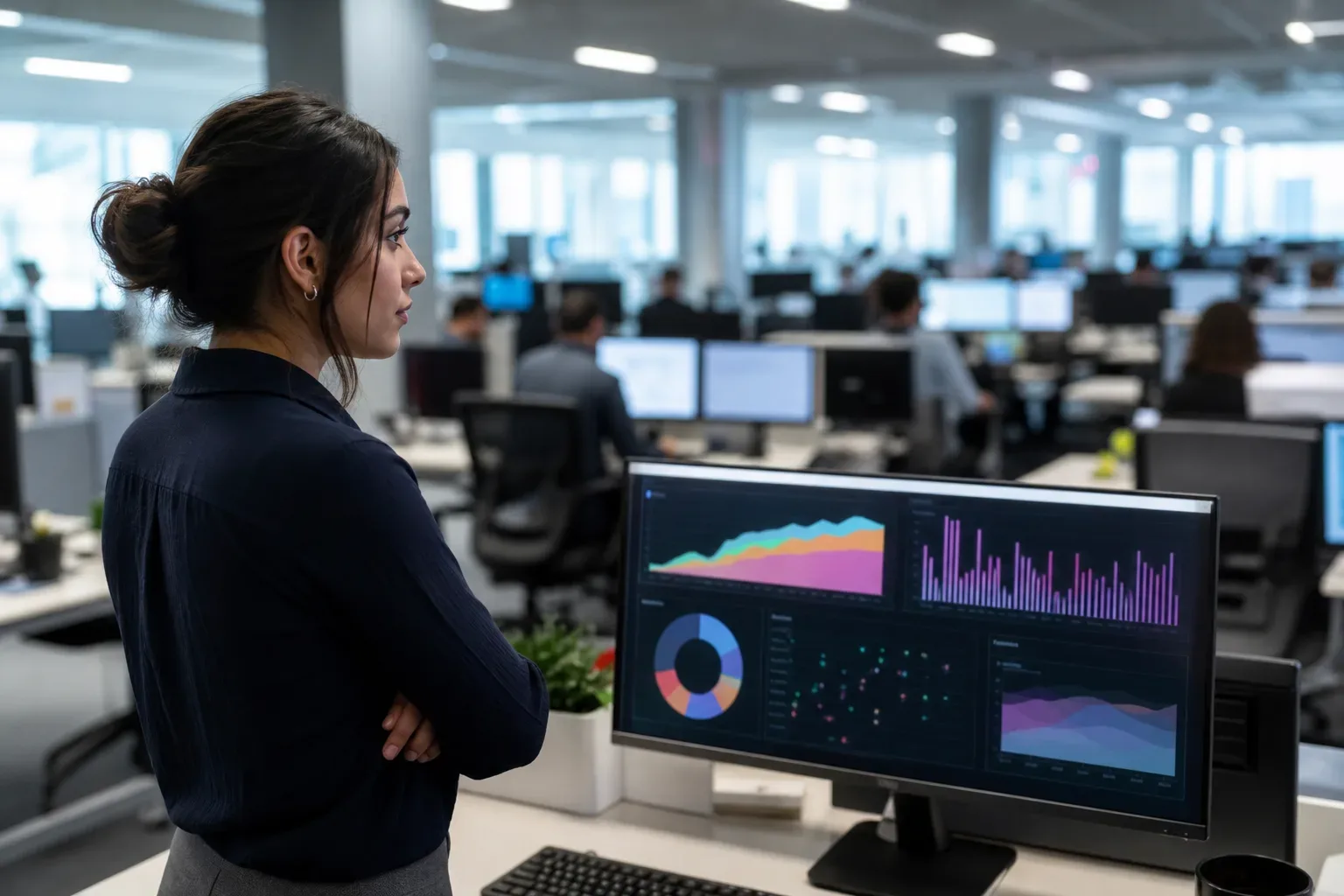 A wide open operations floor with rows of workstations receding into background blur