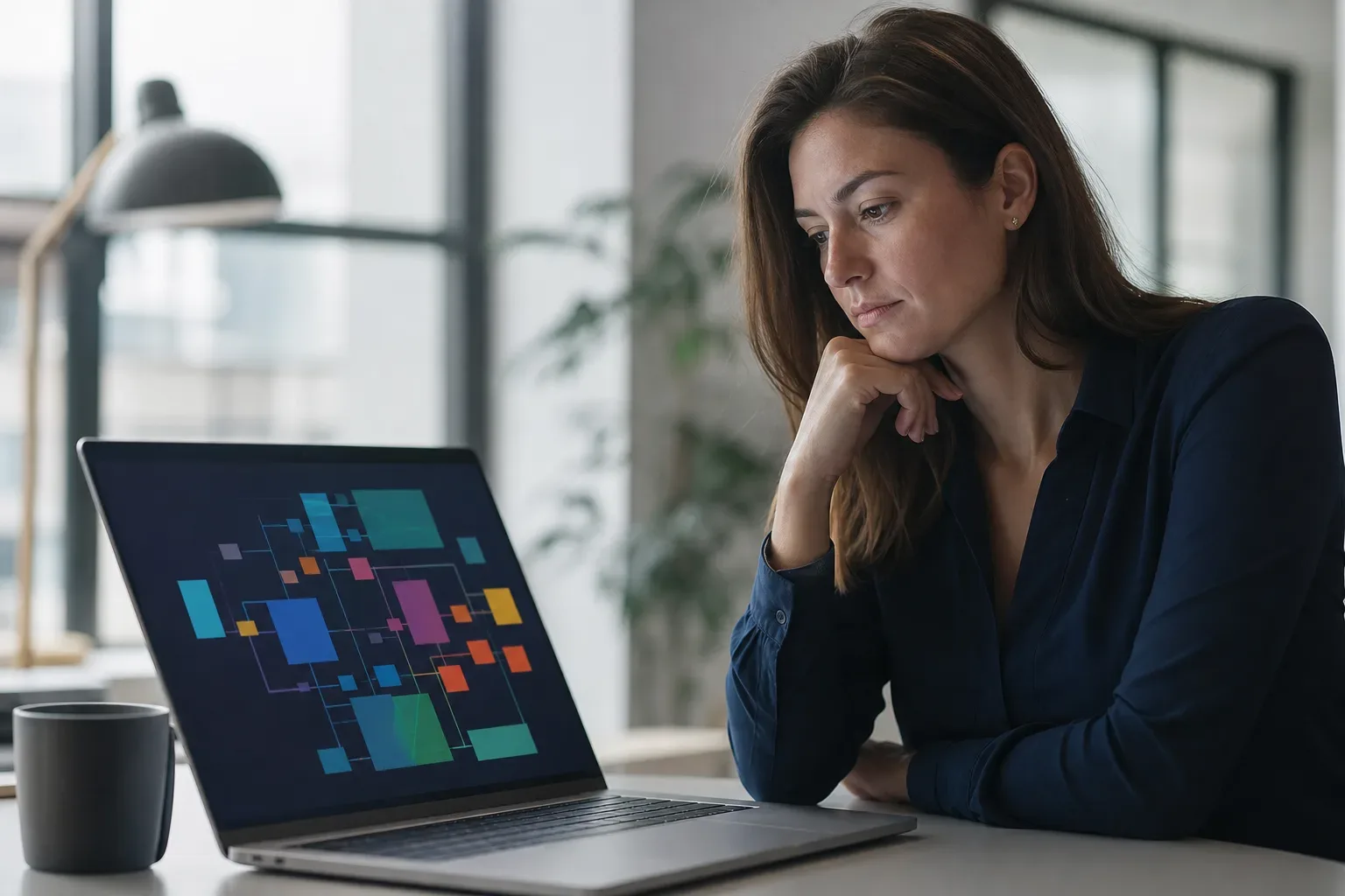 An open laptop angled on a work surface with a screen showing abstract colour-coded blocks