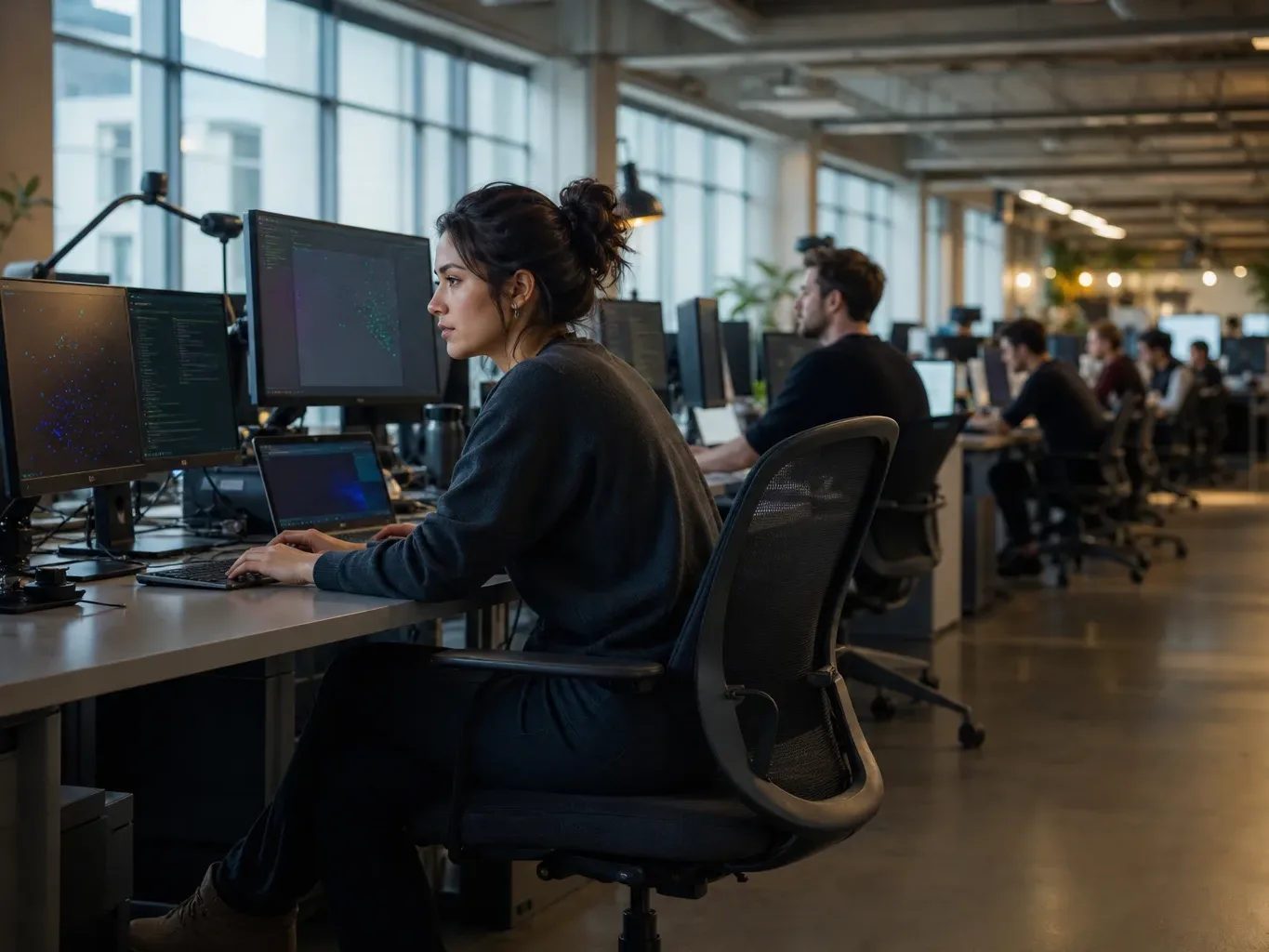 A wide open operations floor with rows of workstations receding into background blur