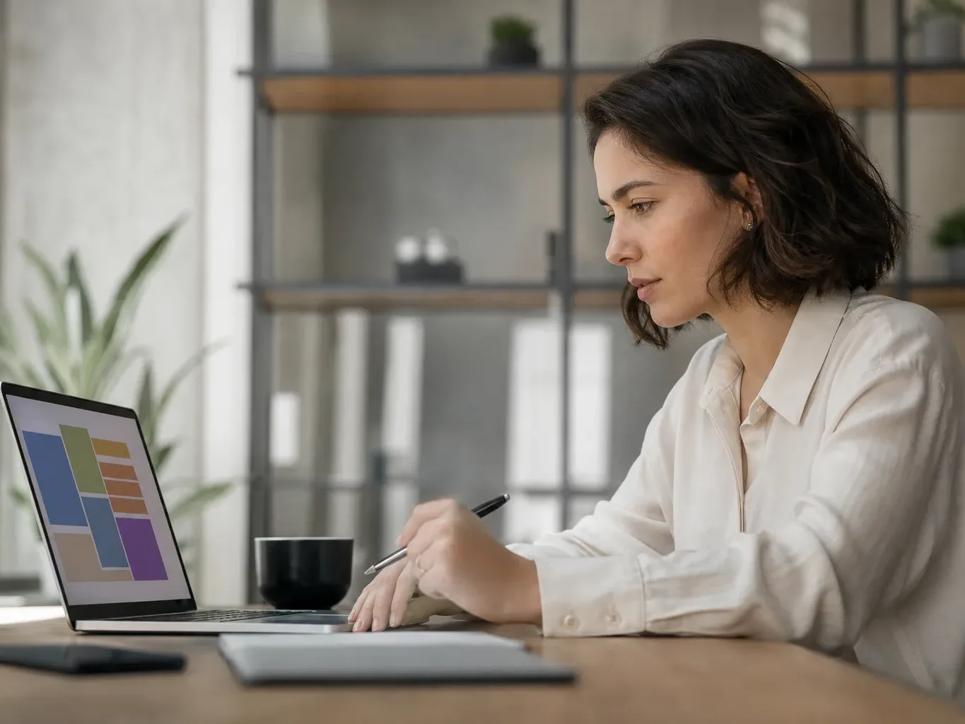 A person in a light shirt sits at a wooden desk studying a laptop screen displaying abstract colour-coded blocks, with a coffee cup nearby in a modern interior