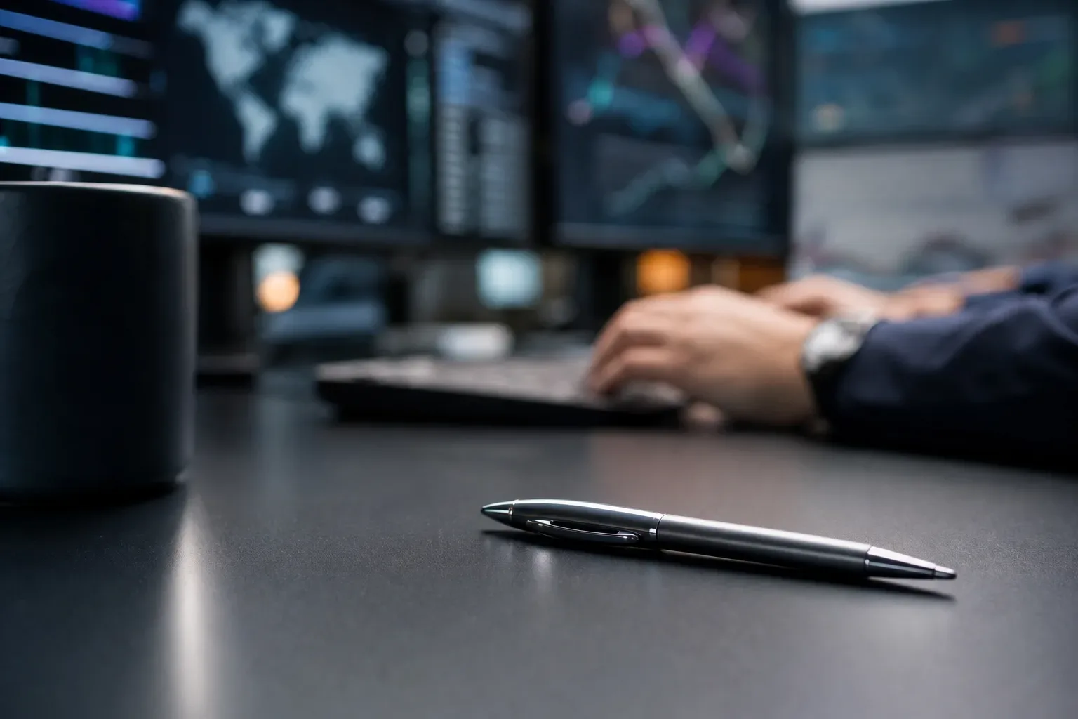 A pen resting on a work surface