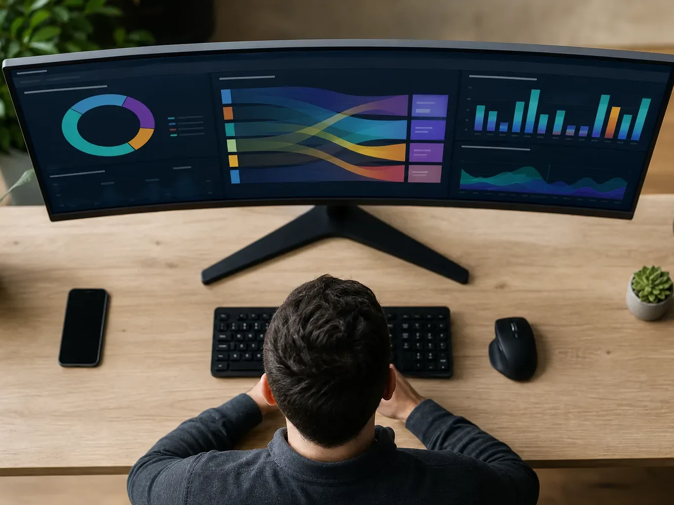 A wide monitor displaying abstract dashboard graphs with unreadable content