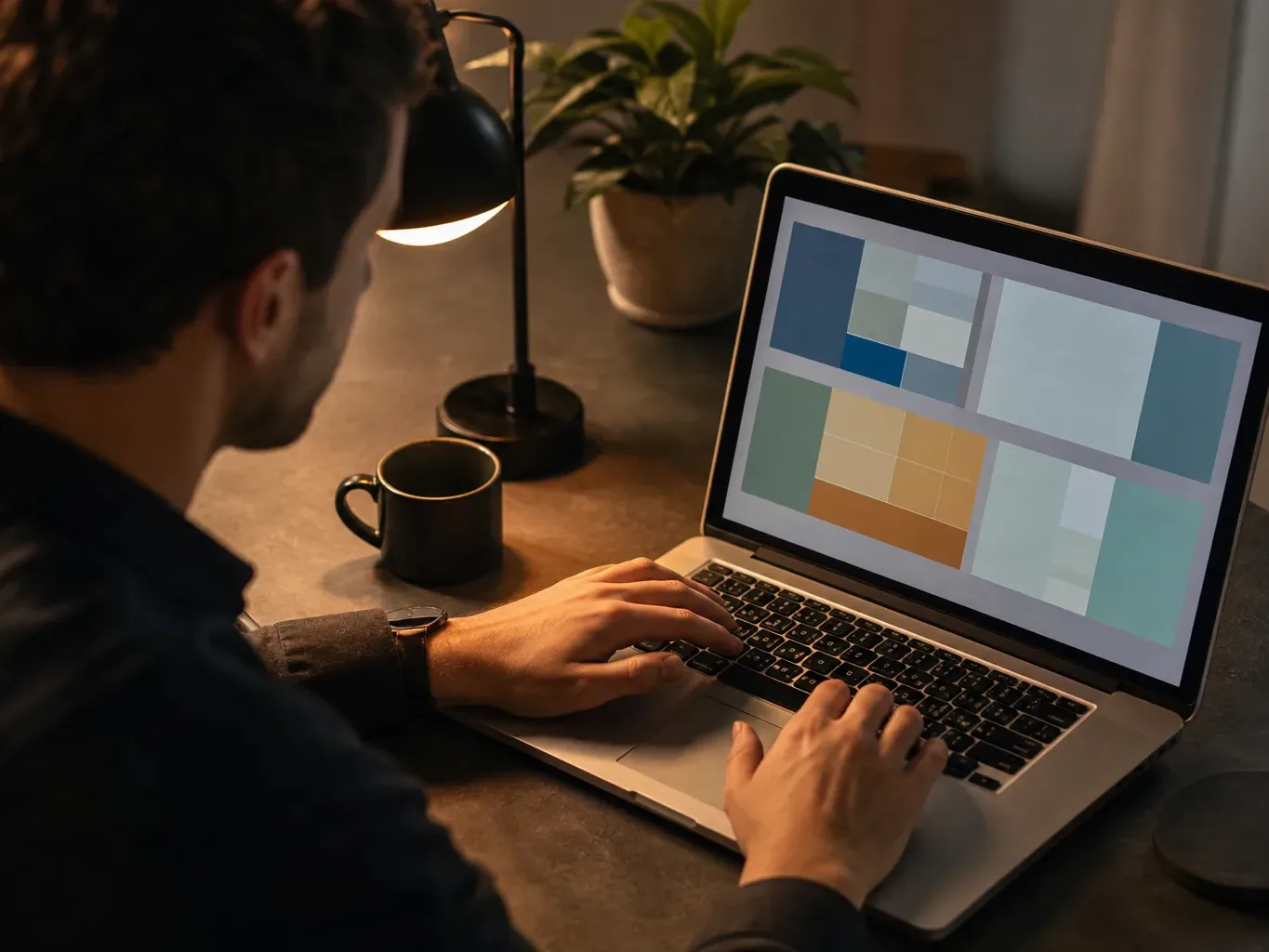 An open laptop angled on a work surface with a screen showing abstract colour-coded blocks