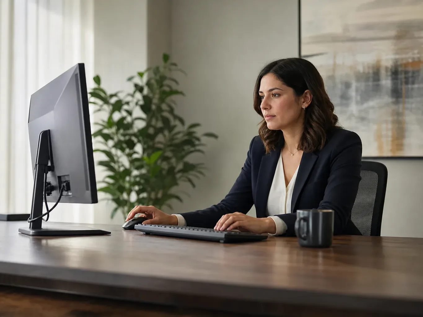 A wide executive desk with a single monitor