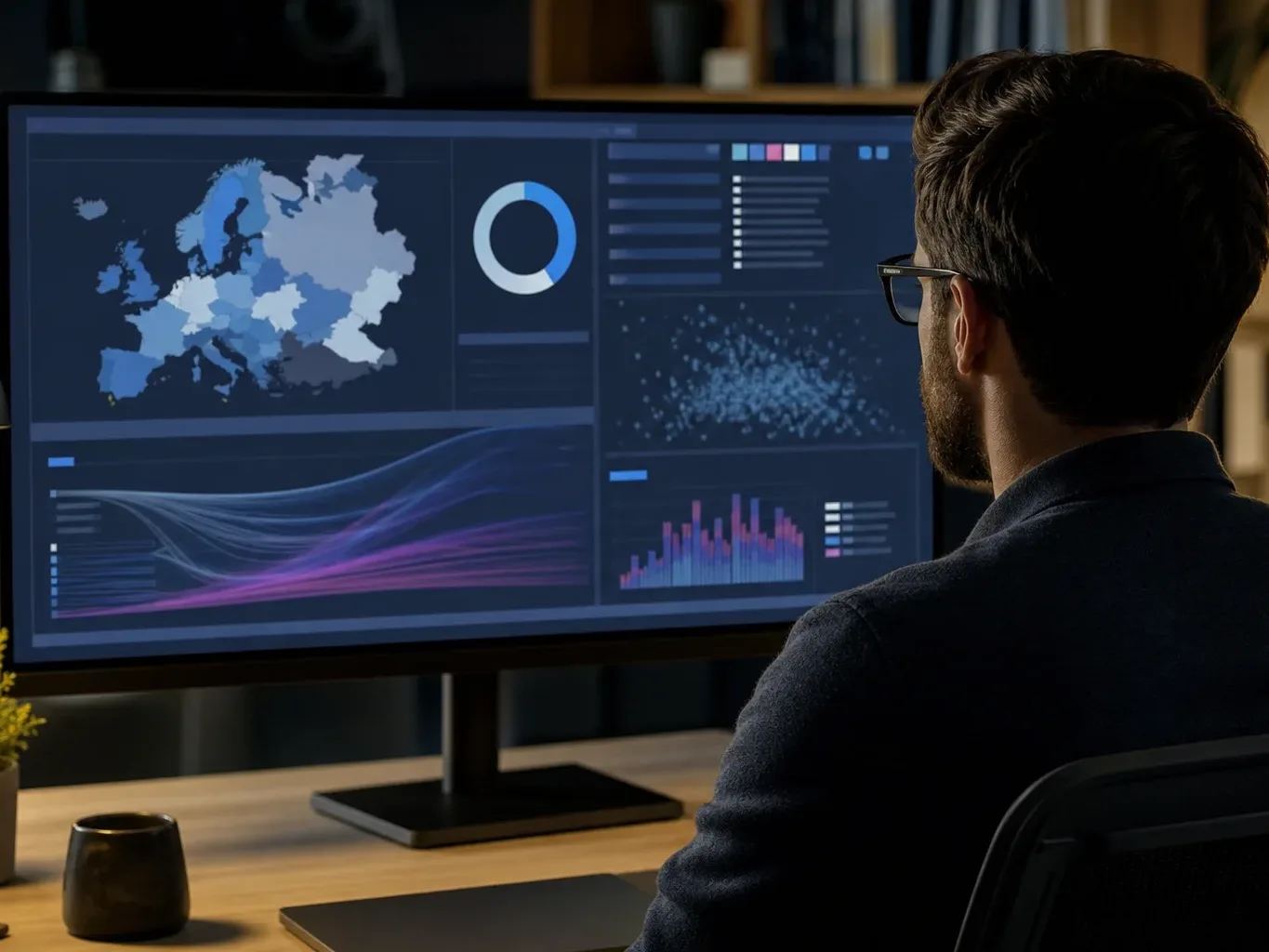 A wide monitor displaying abstract dashboard graphs with unreadable content