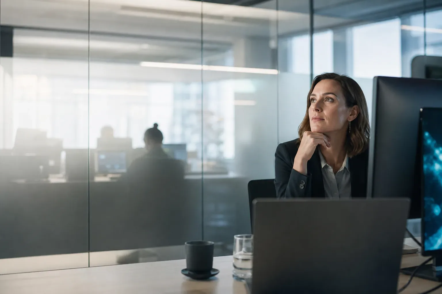 A frosted glass partition dividing a data team area from an open-plan space