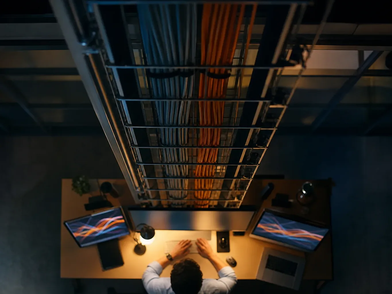 An overhead cable tray running the length of a corporate office ceiling