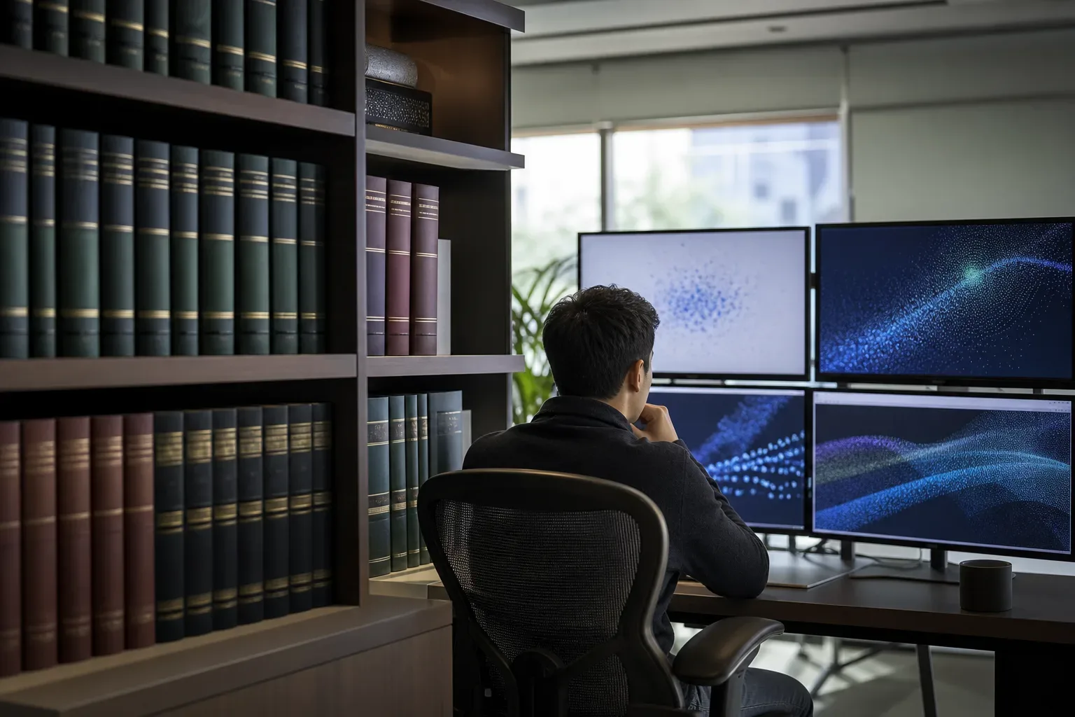 A row of thick reference volumes on a shelf beside a workstation