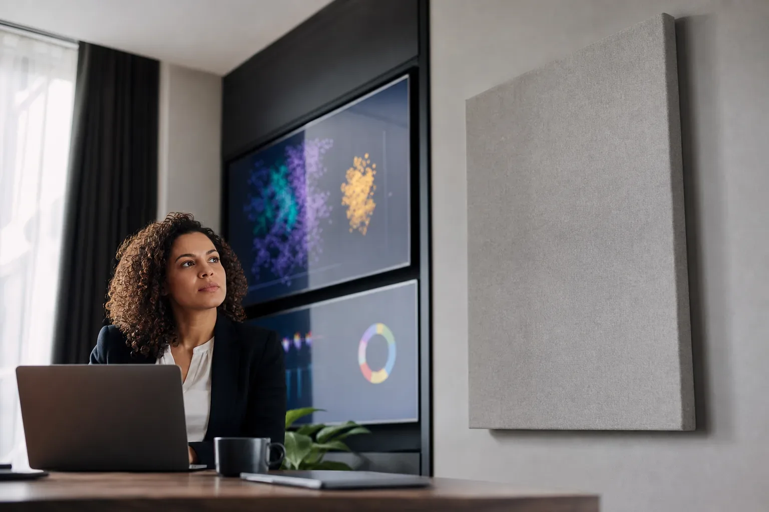 A fabric-wrapped acoustic panel mounted on a wall beside a meeting area