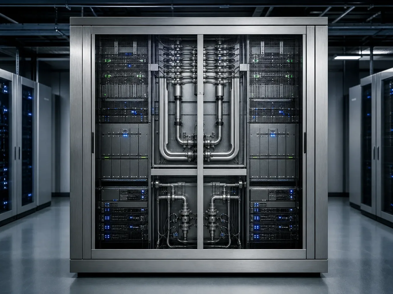 A brushed-metal server rack standing in a cool-lit equipment room