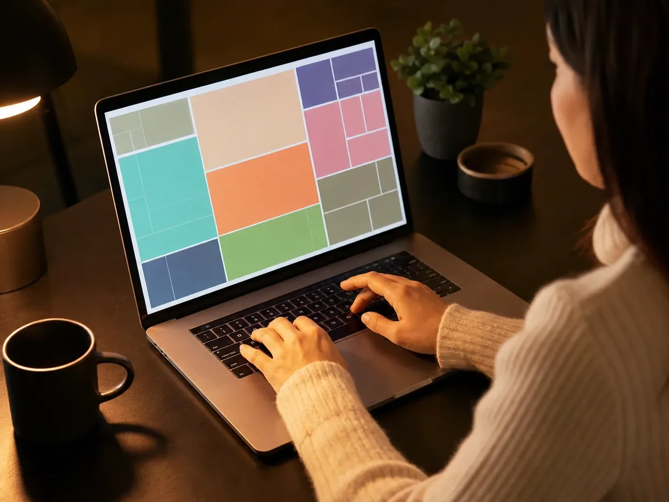 An open laptop angled on a work surface with a screen showing abstract colour-coded blocks