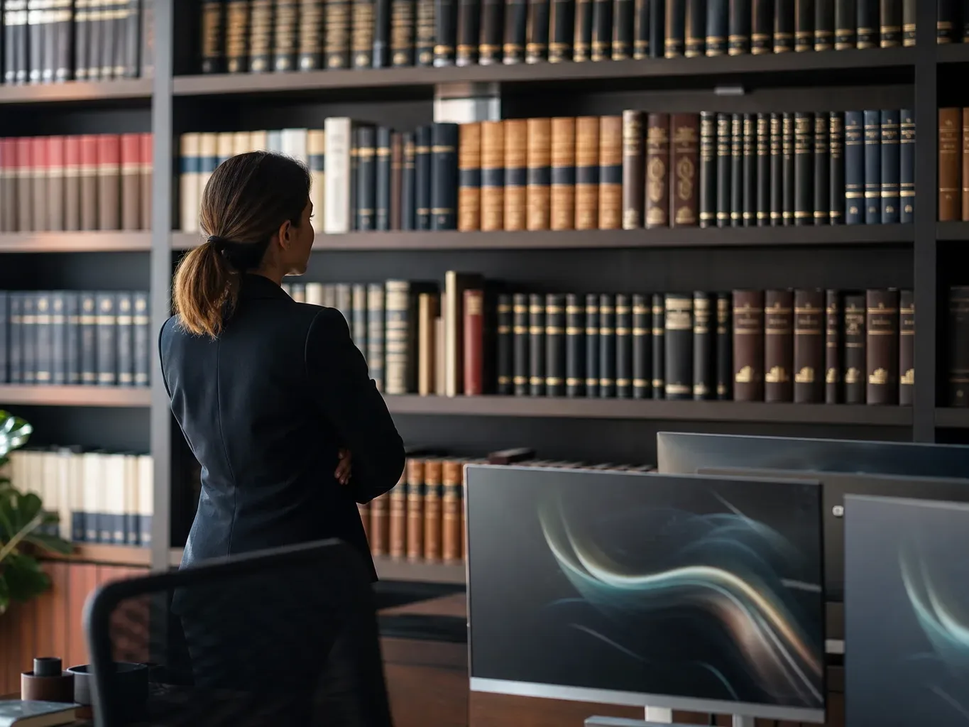 A row of thick reference volumes on a shelf behind a workstation