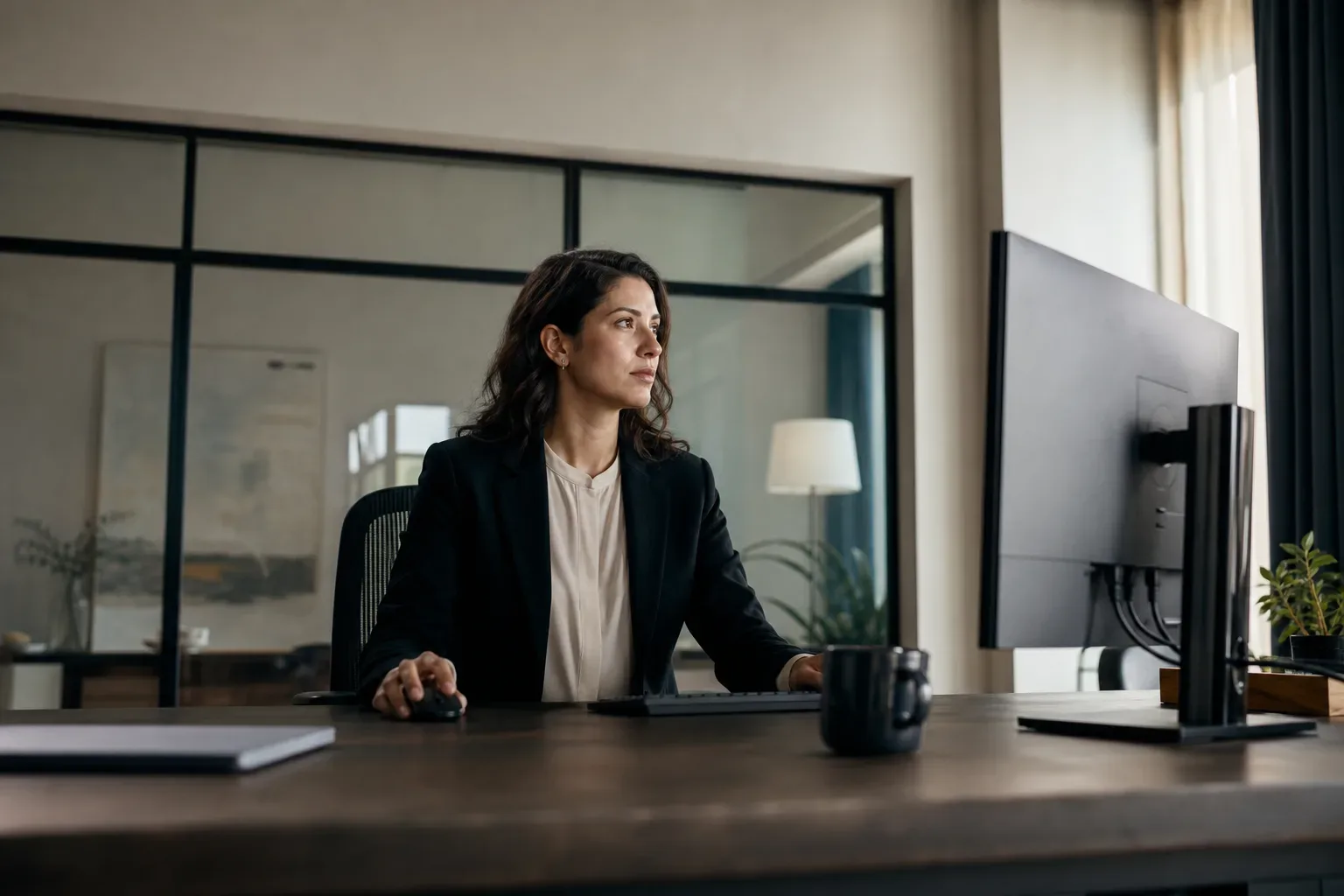 A wide executive desk with a single monitor