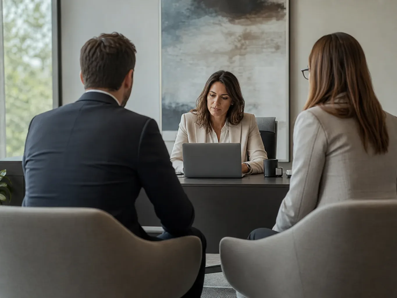 Two visitor chairs angled toward a desk in a private office