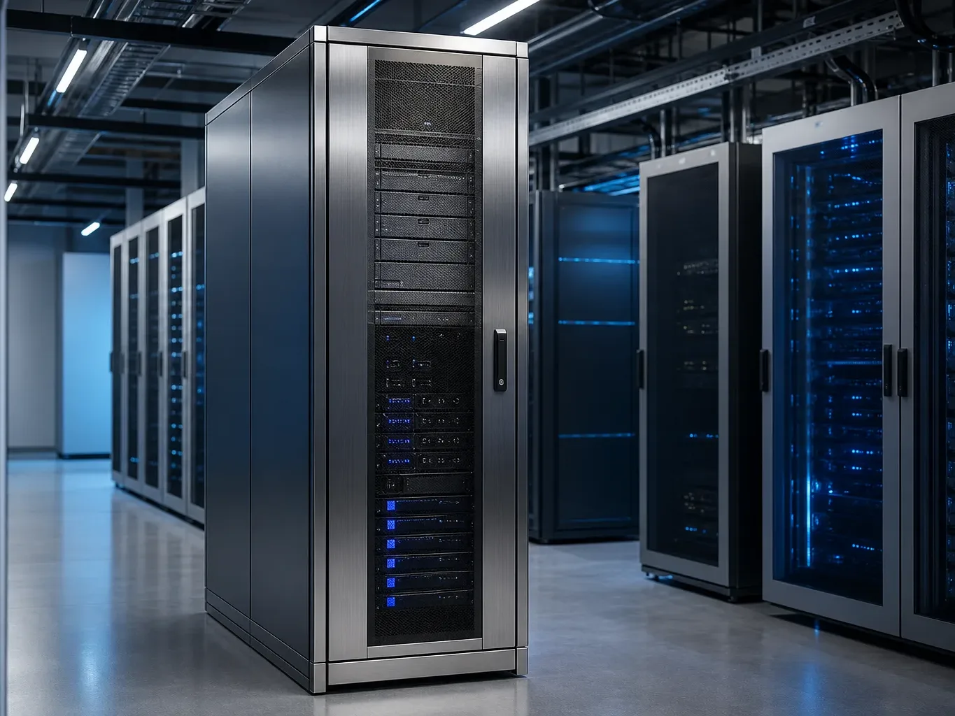 A brushed-metal server rack standing in a cool-lit equipment room